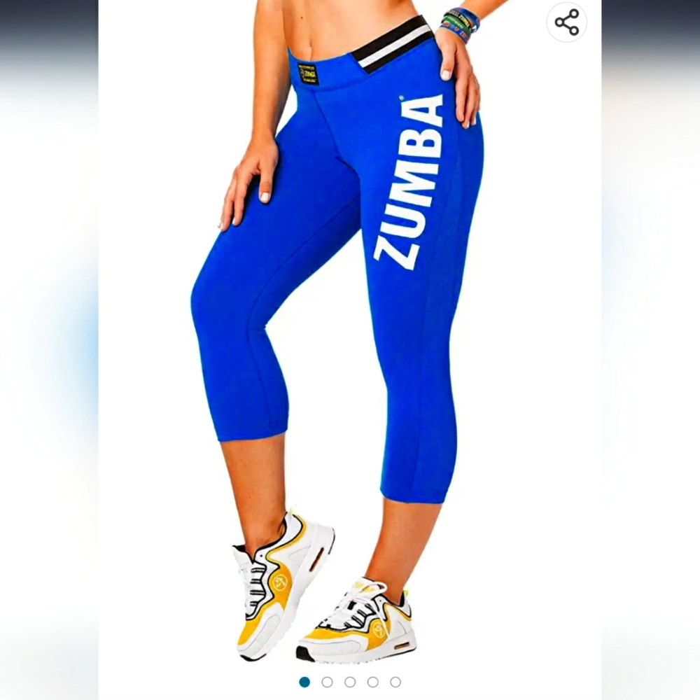 Zumba All Star High Waist Capri Leggings size Large Lovely True Blue White
